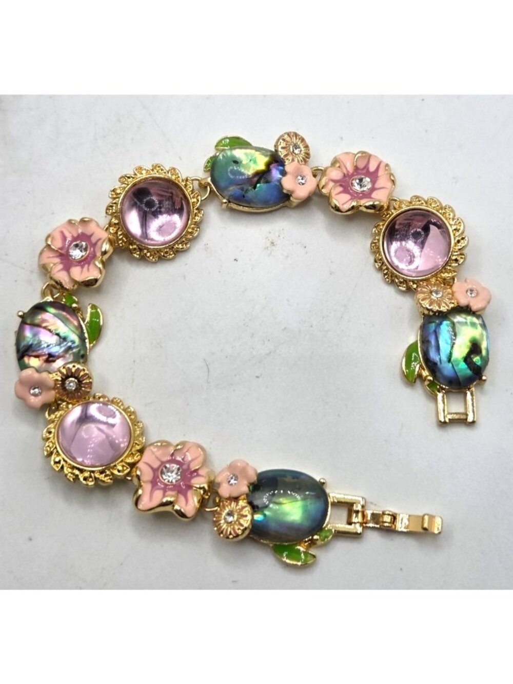 Floral Abalone & Enamel Bracelet With Rhinestones Gold-Tone Pink & Iridescent Ac
